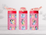 12oz-kids-flip-top-drink-bottle-insulated-water-bottle-drink-bottle-bluey-and-bingo-TR-collective-pink-red-lid-front