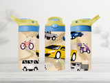 12oz-kids-flip-top-drink-bottle-insulated-water-bottle-drink-bottle-cars-TR-collective-yellow-blue-lid-front