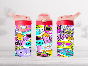 12oz-kids-flip-top-drink-bottle-insulated-water-bottle-drink-bottle-cool-cats-TR-collective-pink-red-lid-front