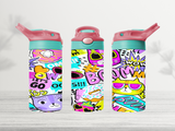 12oz-kids-flip-top-drink-bottle-insulated-water-bottle-drink-bottle-cool-cats-TR-collective-red-green-lid-front