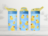 12oz-kids-flip-top-drink-bottle-insulated-water-bottle-drink-bottle-ducks-TR-collective-yellow-blue-lid-front