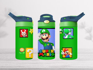 12oz-kids-flip-top-drink-bottle-insulated-water-bottle-drink-bottle-luigi-TR-collective-blue-green-lid-front