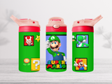 12oz-kids-flip-top-drink-bottle-insulated-water-bottle-drink-bottle-luigi-TR-collective-pink-red-lid-front