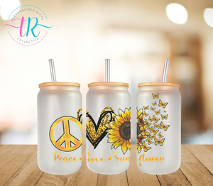 16oz Glass Tumbler - Peace Love Sunflower