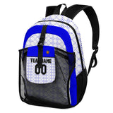 Customize Royal White Sports Backpacks Featuring Personalized Names, Numbers and Logos