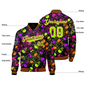 Custom Splashing skeletons & Orange green Varsity Jacket for Men Women and Youth with Personalized Letterman Jacket