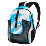 Customize Blue White Sports Backpacks Featuring Personalized Names, Numbers and Logos