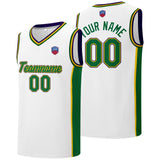 Custom basketball jersey shorts for men and women. Embroidered and printed name, number and logo White&Green&Yellow&Purple