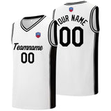 Custom basketball jersey shorts for men and women. Embroidered and printed name, number and logo White