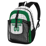 Customize Green White Sports Backpacks Featuring Personalized Names, Numbers and Logos