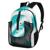 Customize Teal White Sports Backpacks Featuring Personalized Names, Numbers and Logos