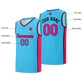 Custom basketball jersey shorts for men and women. Embroidered and printed name, number and logo Light Blue&Pink