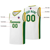 Custom basketball jersey shorts for men and women. Embroidered and printed name, number and logo White&Green&Yellow