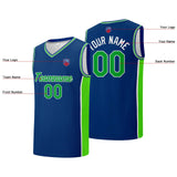 Custom basketball jersey shorts for men and women. Embroidered and printed name, number and logo Royal&Neon Green