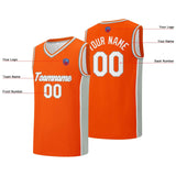 Custom basketball jersey shorts for men and women. Embroidered and printed name, number and logo Orange&Grey