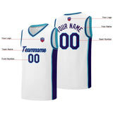 Custom basketball jersey shorts for men and women. Embroidered and printed name, number and logo White&Purple