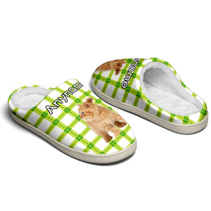 Custom Your Own Personalized Cotton Slippers for Dog Cat Lover Add Any Text Photoes Green&White Lattice