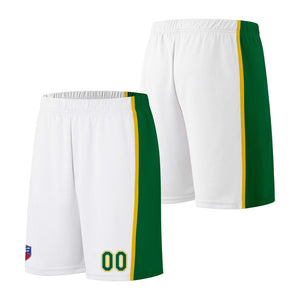 Custom basketball jersey shorts for men and women. Embroidered and printed name, number and logo White&Green&Yellow