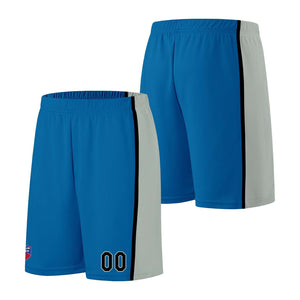 Custom basketball jersey shorts for men and women. Embroidered and printed name, number and logo Blue&Grey