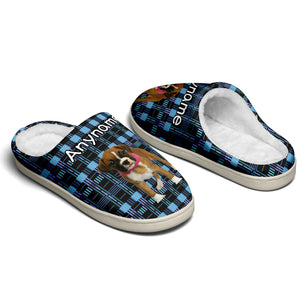 Custom Your Own Personalized Cotton Slippers for Dog Cat Lover Add Any Text Photoes Black&Blue Lattice