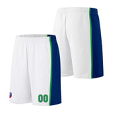 Custom basketball jersey shorts for men and women. Embroidered and printed name, number and logo White&Royal&Green