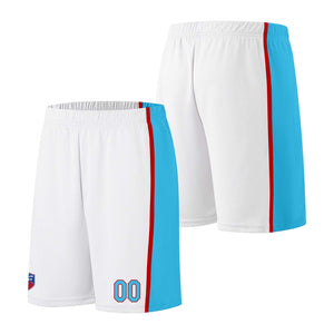 Custom basketball jersey shorts for men and women. Embroidered and printed name, number and logo White&Light Blue&Red