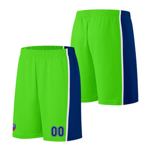 Custom basketball jersey shorts for men and women. Embroidered and printed name, number and logo Neon Green&Royal