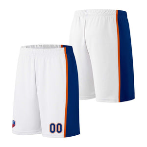 Custom basketball jersey shorts for men and women. Embroidered and printed name, number and logo White&Royal&Orange