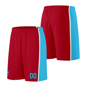 Custom basketball jersey shorts for men and women. Embroidered and printed name, number and logo Red&Light Blue