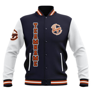 Custom Navy White Orange Waterproof Varsity Jackets Personalized Stitched Name Number Logo to Letterman Jackets