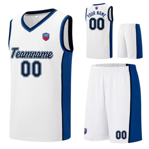 Custom basketball jersey shorts for men and women. Embroidered and printed name, number and logo White