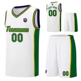 Custom basketball jersey shorts for men and women. Embroidered and printed name, number and logo White&Green&Yellow&Purple