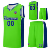 Custom basketball jersey shorts for men and women. Embroidered and printed name, number and logo Neon Green&Royal