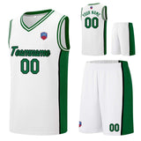 Custom basketball jersey shorts for men and women. Embroidered and printed name, number and logo White&Green