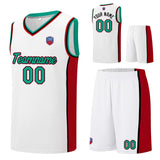 Custom basketball jersey shorts for men and women. Embroidered and printed name, number and logo White&Red&Green