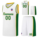 Custom basketball jersey shorts for men and women. Embroidered and printed name, number and logo White&Green&Yellow