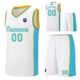 Custom basketball jersey shorts for men and women. Embroidered and printed name, number and logo White&Light Blue