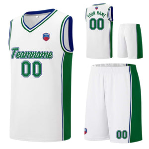 Custom basketball jersey shorts for men and women. Embroidered and printed name, number and logo White