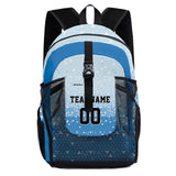 Customize Sky Blue Sports Backpacks Featuring Personalized Names, Numbers and Logos