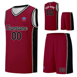 Custom basketball jersey shorts for men and women. Embroidered and printed name, number and logo Burgundy