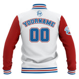 Custom White Red Blue Waterproof Varsity Jackets Personalized Stitched Name Number Logo to Letterman Jackets