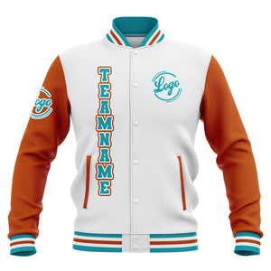 Custom Whtie Orange Teal Waterproof Varsity Jackets Personalized Stitched Name Number Logo to Letterman Jackets