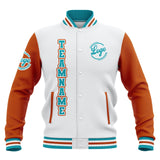 Custom Whtie Orange Teal Waterproof Varsity Jackets Personalized Stitched Name Number Logo to Letterman Jackets