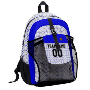 Customize Royal White Sports Backpacks Featuring Personalized Names, Numbers and Logos