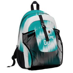 Customize Teal White Sports Backpacks Featuring Personalized Names, Numbers and Logos