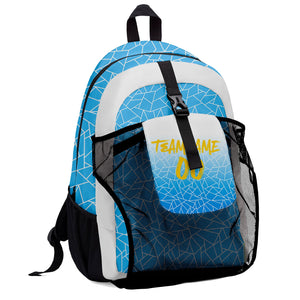 Customize Light Blue White Sports Backpacks Featuring Personalized Names, Numbers and Logos