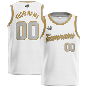 Custom Stitched Basketball Jersey for Men, Women  And Kids White-Gold-Gray