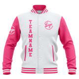 Custom White Pink Waterproof Varsity Jackets Personalized Stitched Name Number Logo to Letterman Jackets