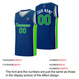 Custom basketball jersey shorts for men and women. Embroidered and printed name, number and logo Royal&Neon Green