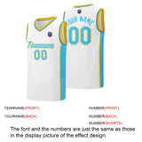 Custom basketball jersey shorts for men and women. Embroidered and printed name, number and logo White&Light Blue